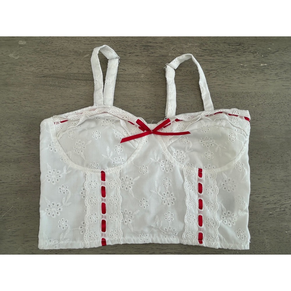 Shein White Eyelet Lace Bustier Crop Top Red Ribbon Bow Cottagecore Small